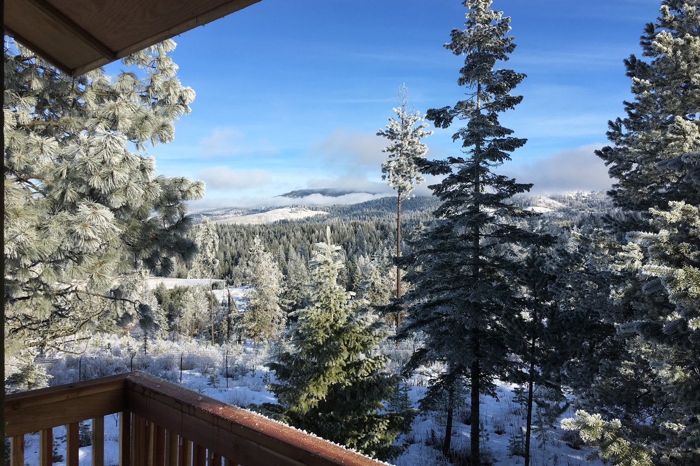 Rear porch view down Benewah Valley across nine frosted ridgelines in winter